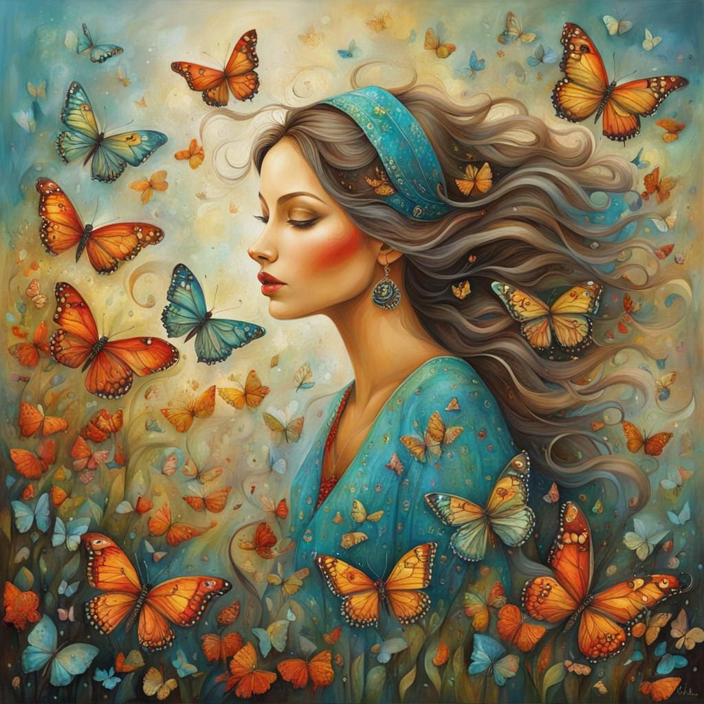 Whimsical Woman Surrounded by Butterflies, Folk Art