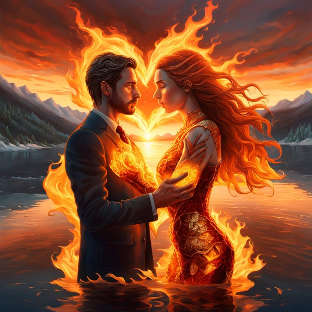 Emotional Surrealism: Flames and Ice at Sunset