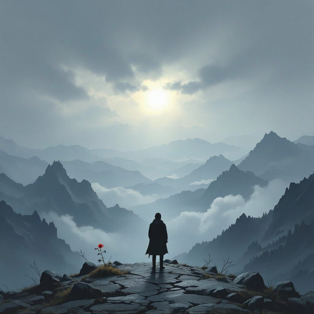 Sad Figure on Mountain Peak in Dramatic Painterly Style