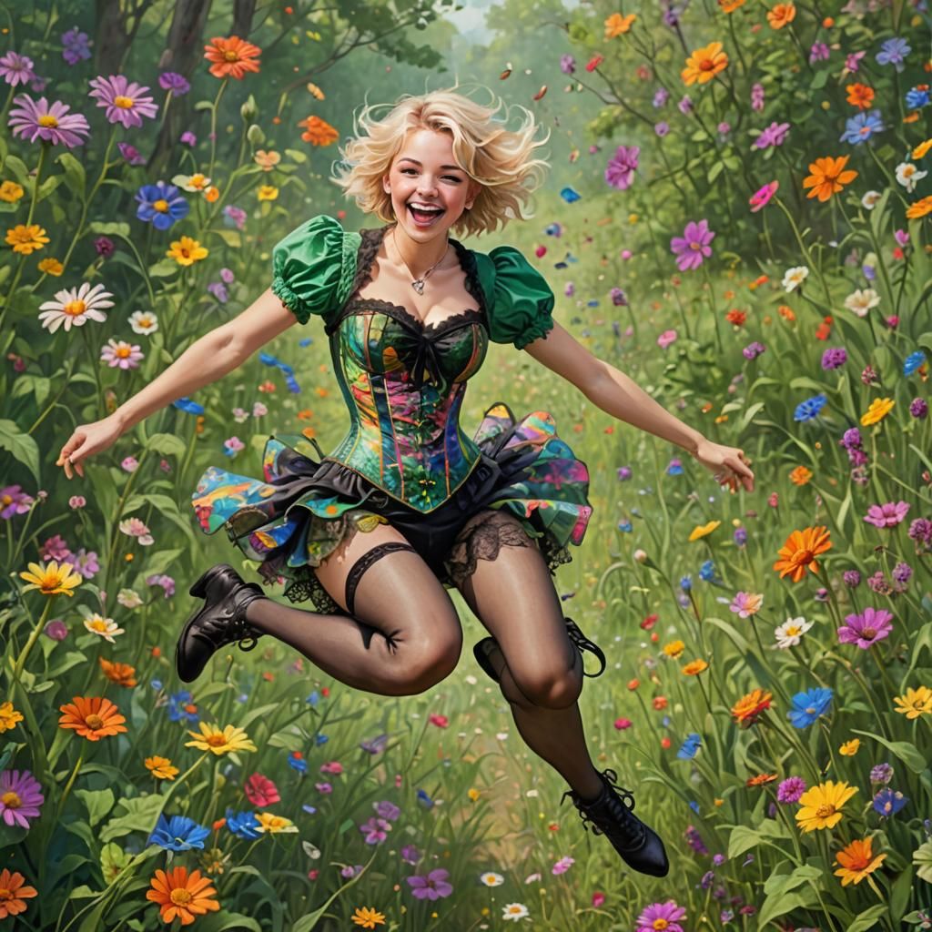 Woman Leaping in Psychedelic Meadow Portrait