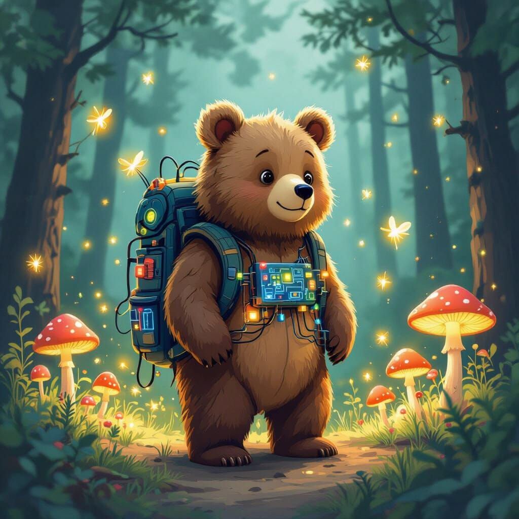 Whimsical Bear Learns AI in Enchanted Forest