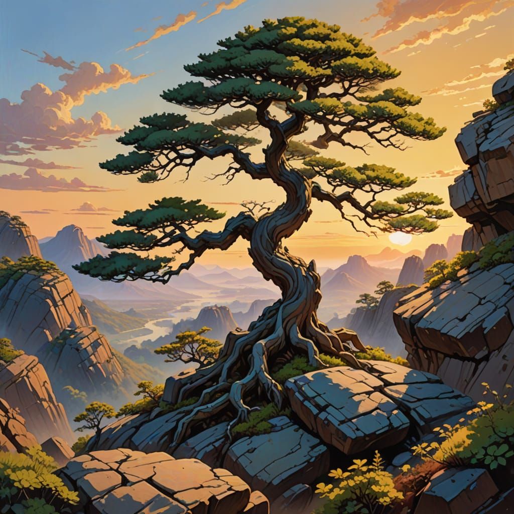 Gnarled Bonsai on Rocky Cliff in Gouache Painting