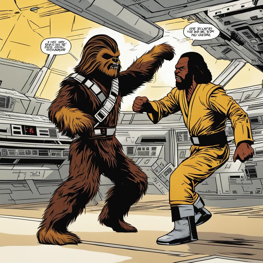 Chewbacca spars against Worf.