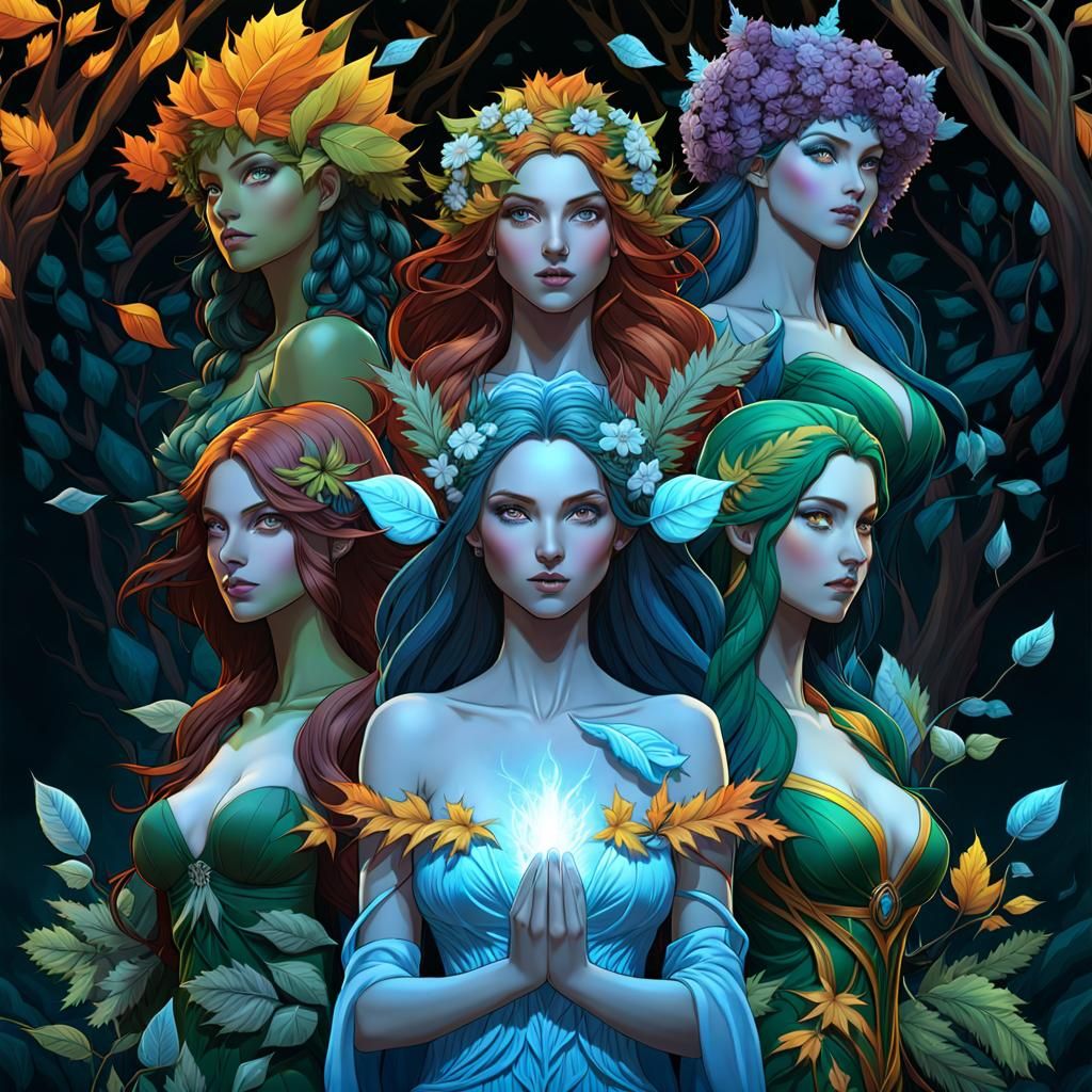 Four Season Dryads in Forest Landscape