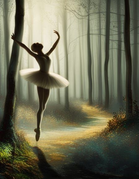 Ballerina Dancing in Moonlit Forest, Animation Cel Style