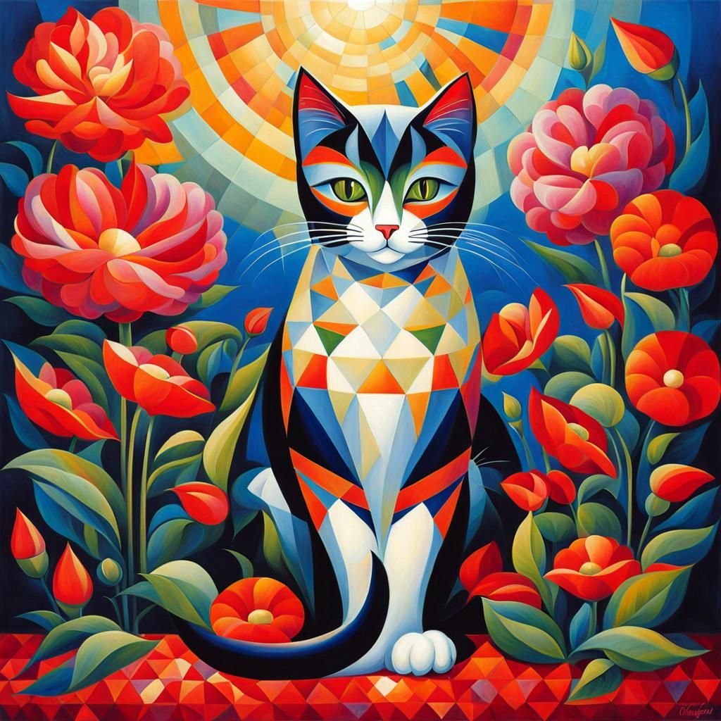 Cat on Pillow with Flowers in Cubist Surrealism
