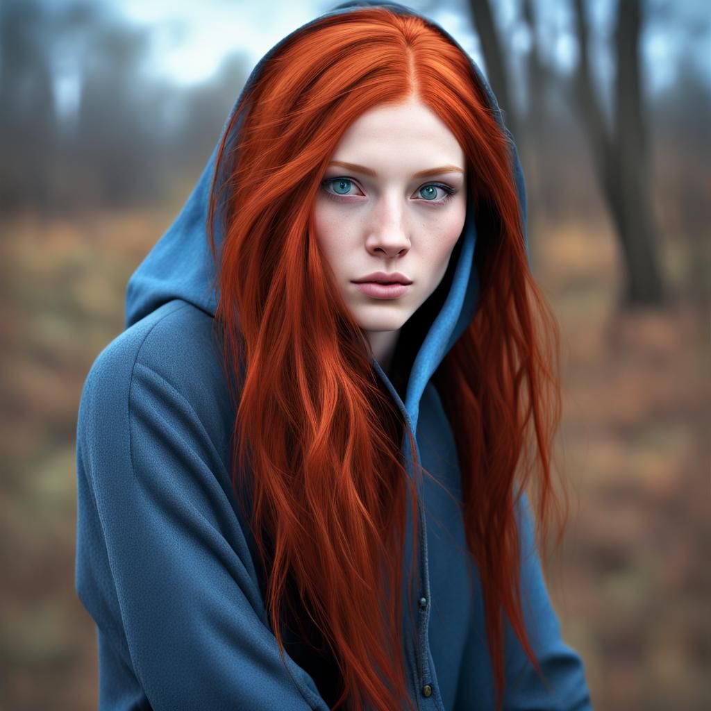 Hyperrealistic Portrait of a Redhead with Blue Eyes