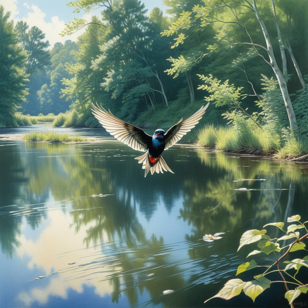 Swallow Soaring Over River in Colored Pencil Drawing