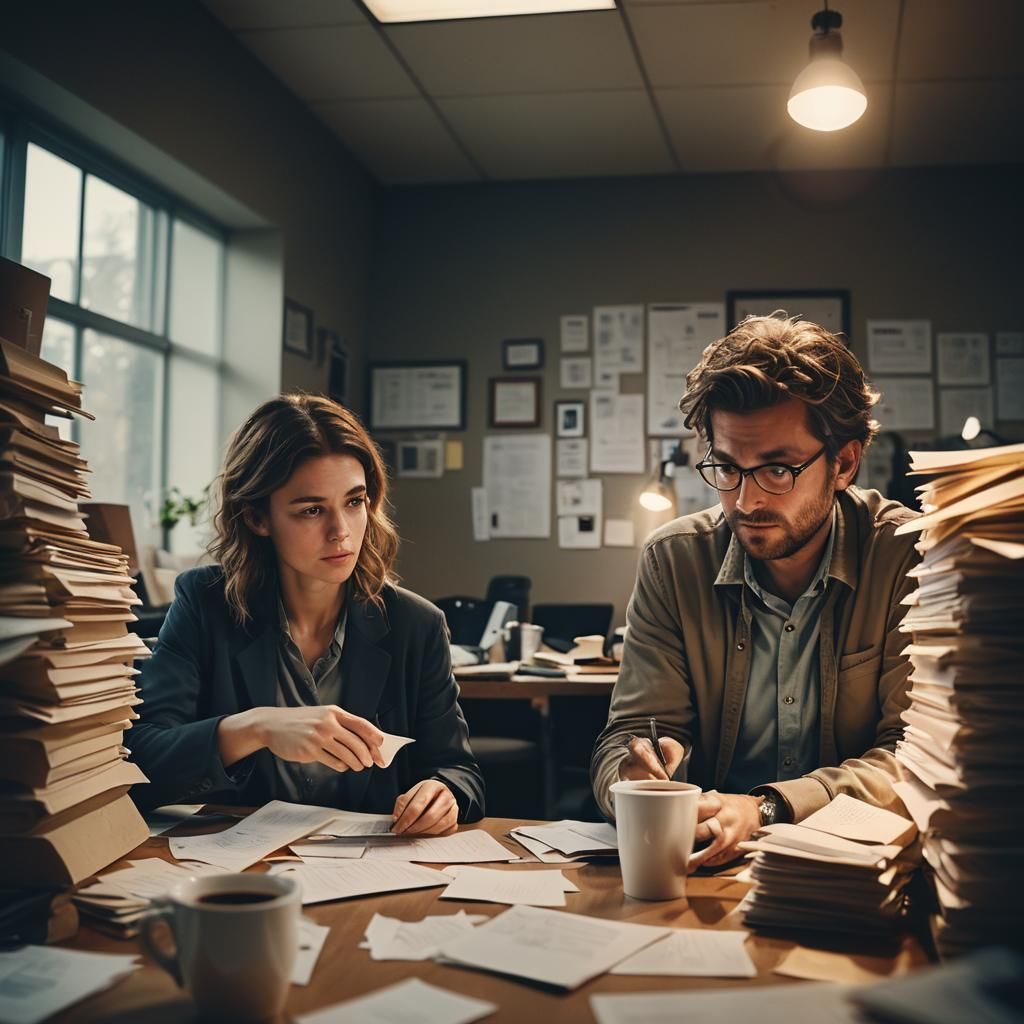 Frazzled Life Coaches in Dimly Lit Office: Cinematic Still