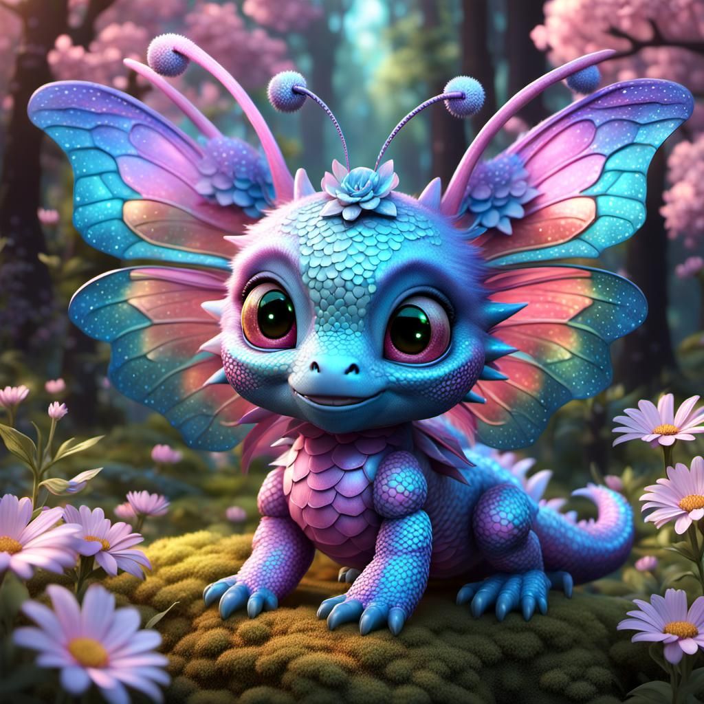 Iridescent Dragon and Butterfly in Mystical Forest