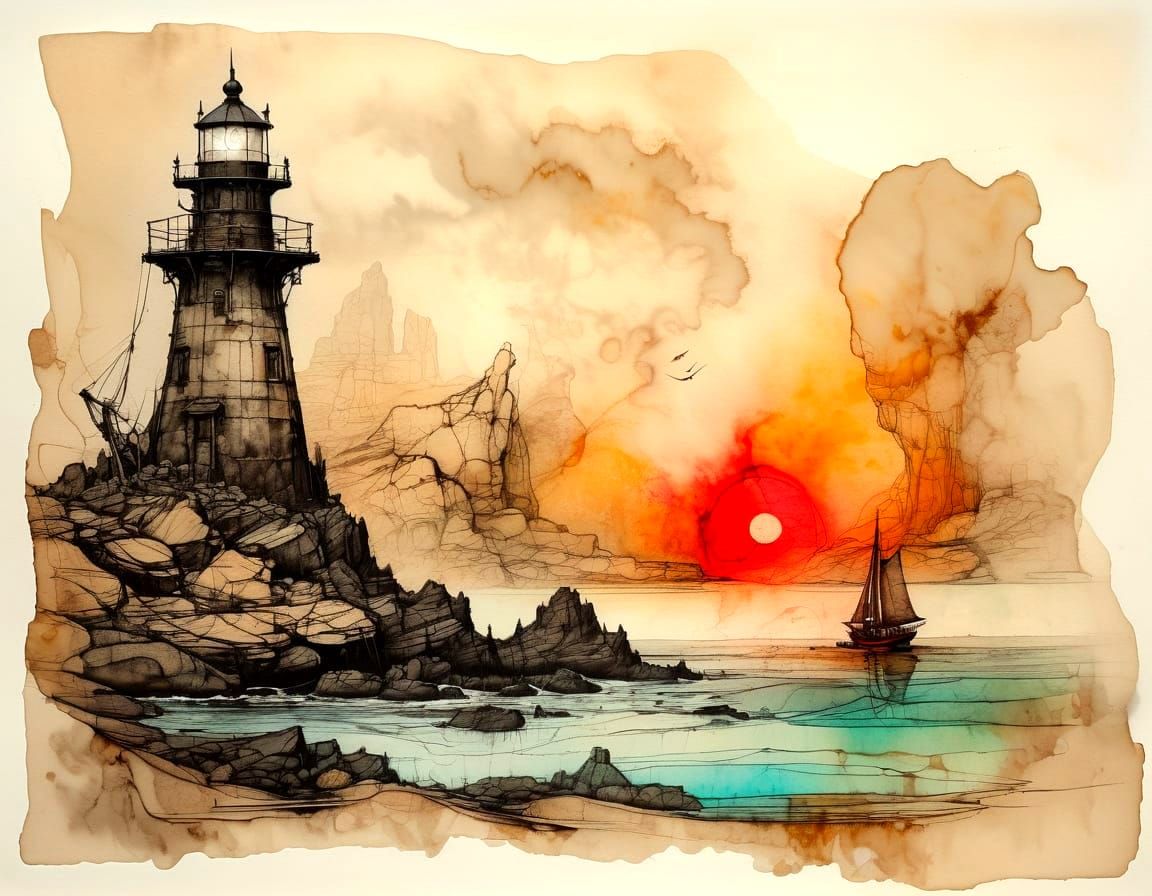 Surreal Desert Lighthouse with Shipwreck in Alcohol Ink