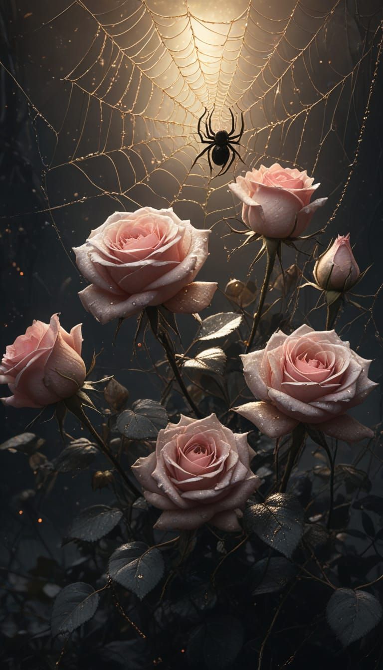 Dusty Pink Roses with Golden Light in Dark Fantasy Style
