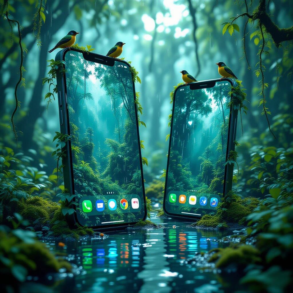 Giant Smartphones in Surreal Rainforest