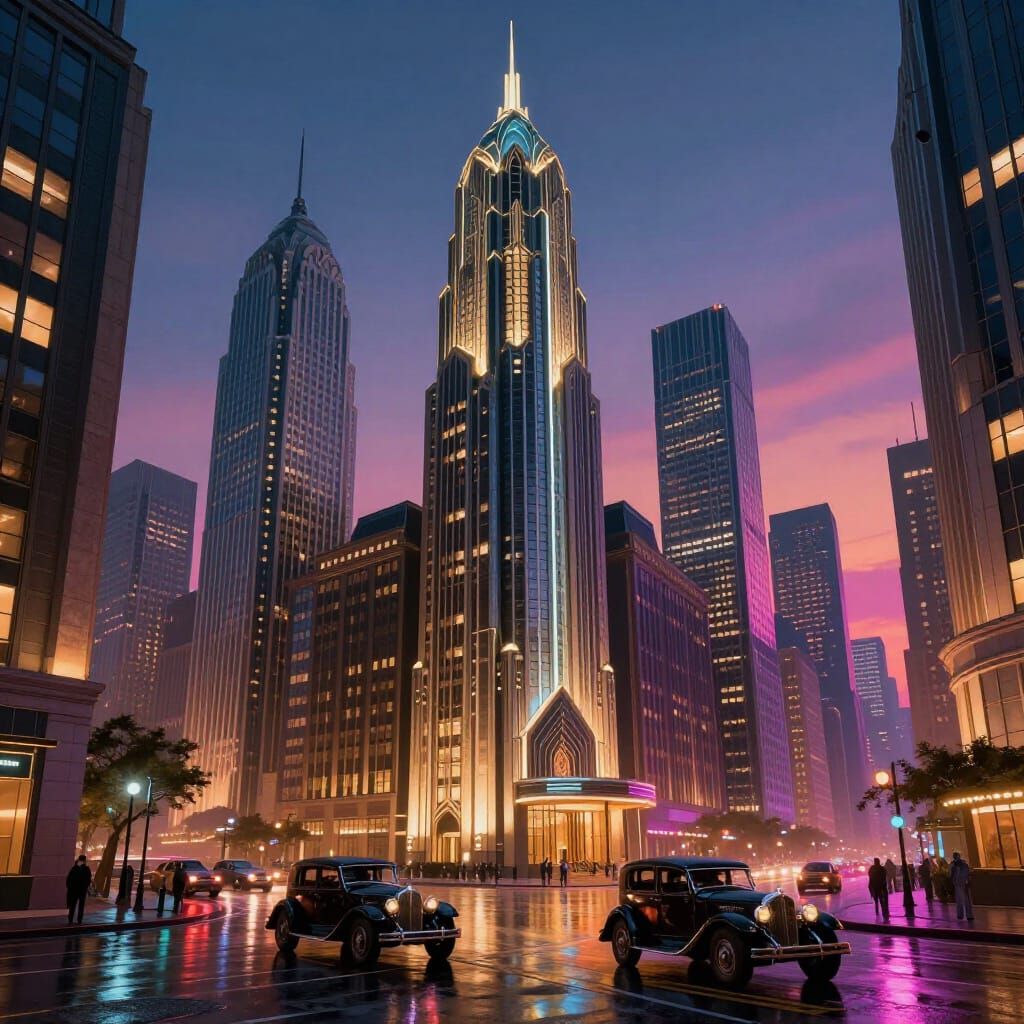 Art Deco Cityscape at Twilight with Geometric Skyscrapers