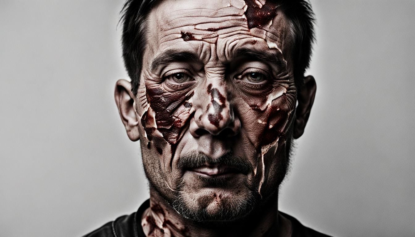 Intriguing Portrait of Man with Scarred Skin