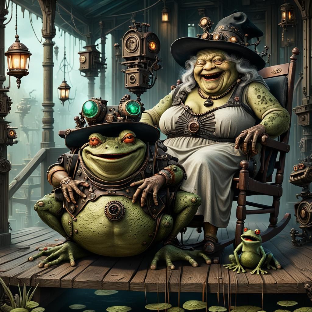 Laughing Witch with Cyborg Toad in Dieselpunk Style