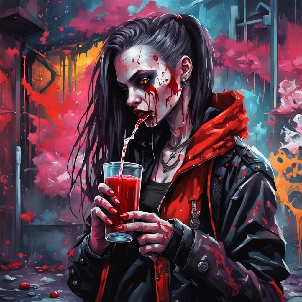 Cyberpunk Vampire Drinking Blood: Graffiti Art Style