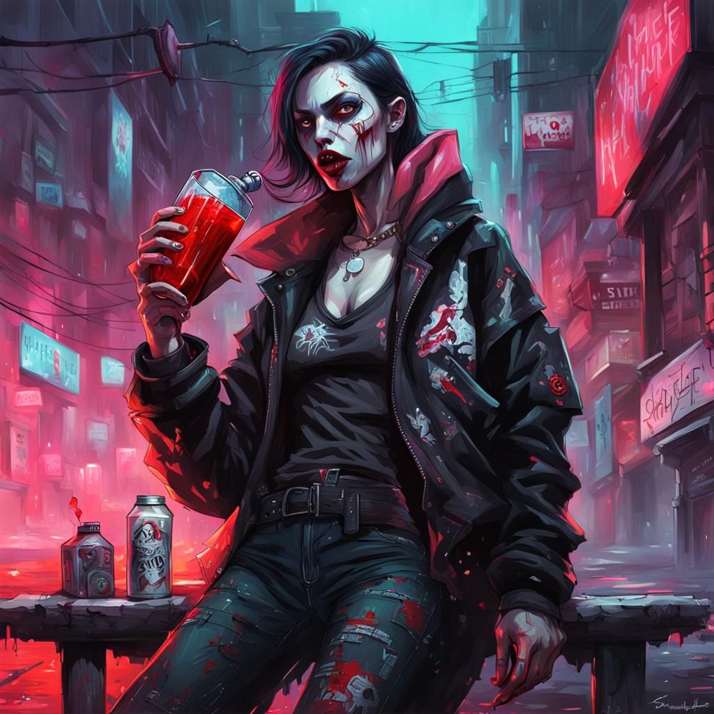 Cyberpunk Vampire Drinking Blood in Graffiti Art Style