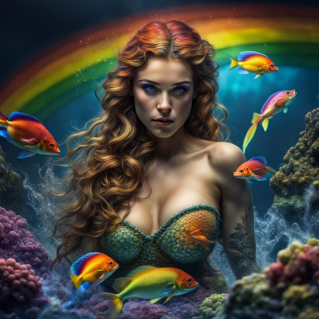 Hyperrealistic Rainbow Mermaid in Cinematic Lighting