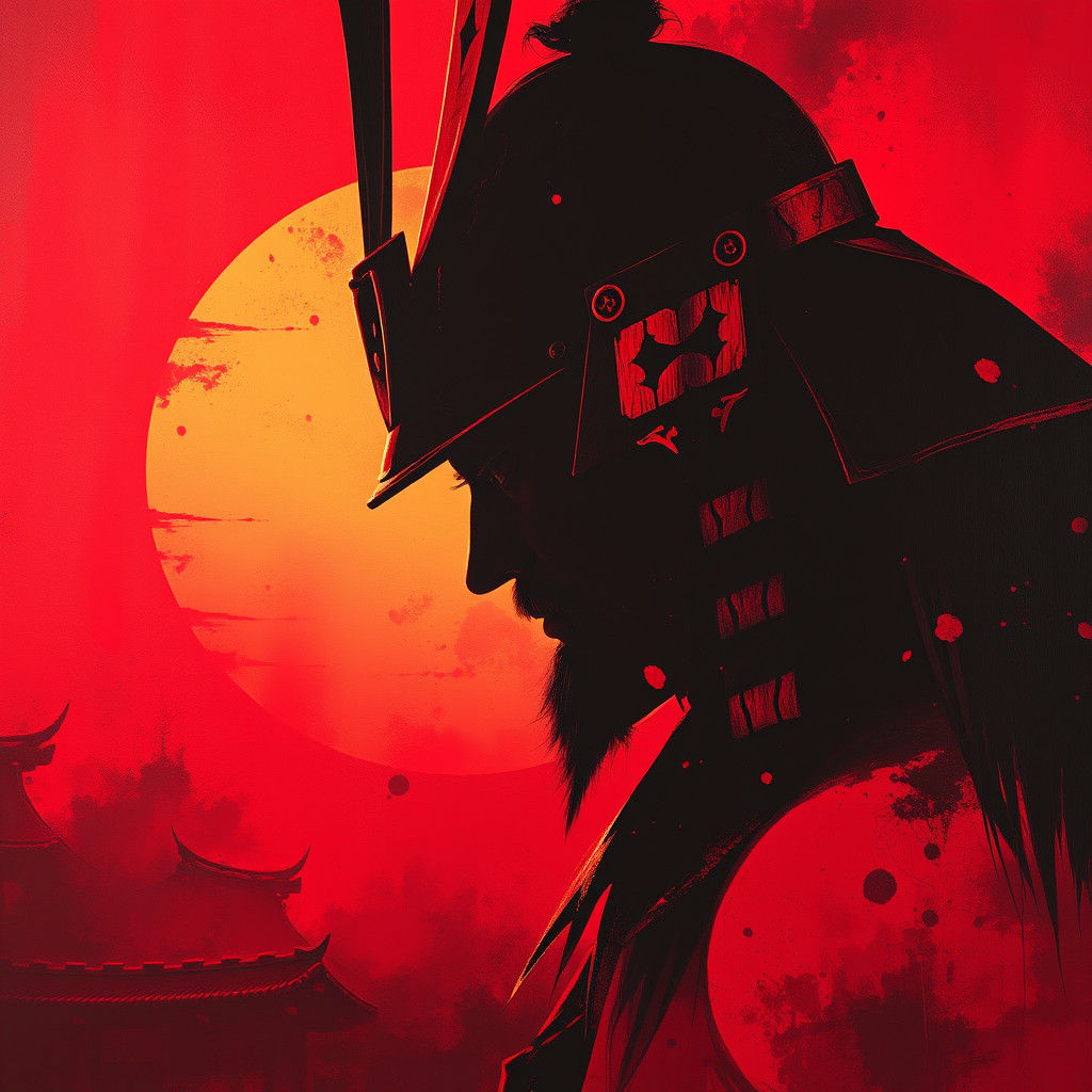 a Samurai warrior silhouetted face against the red summer su...