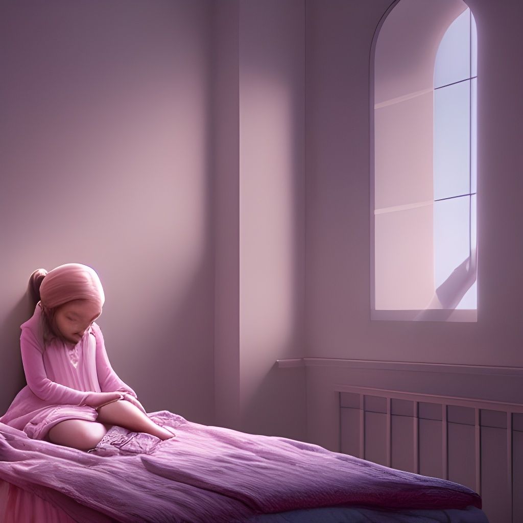 Little Girl Praying in Cozy Bedroom, Digital Art