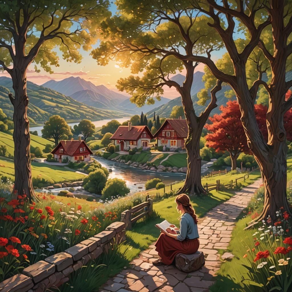 Riverside Village Scene with Girl Reading: Hyperrealistic Ar...