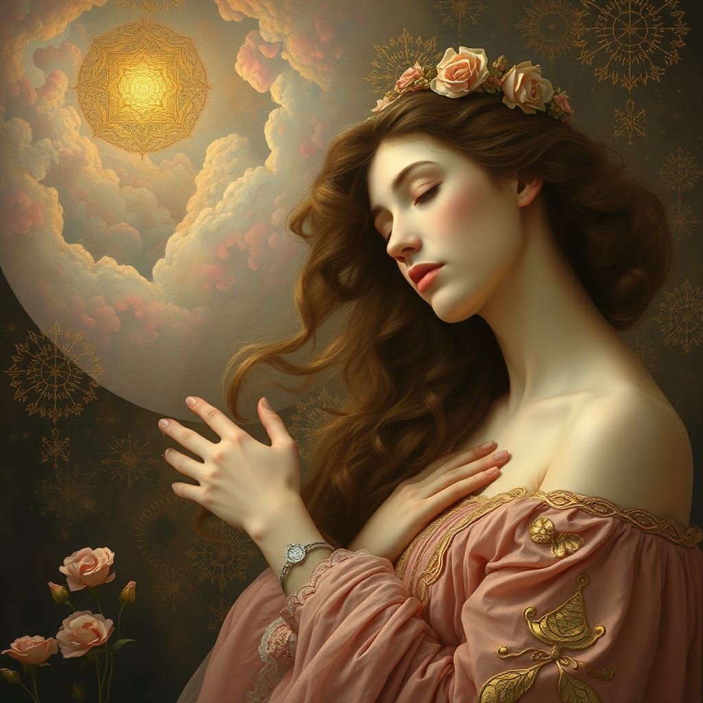 Mystical Woman in Golden Night Sky
