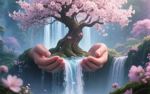 Cherry Blossom Tree and Waterfall in Fantasy Art Style
