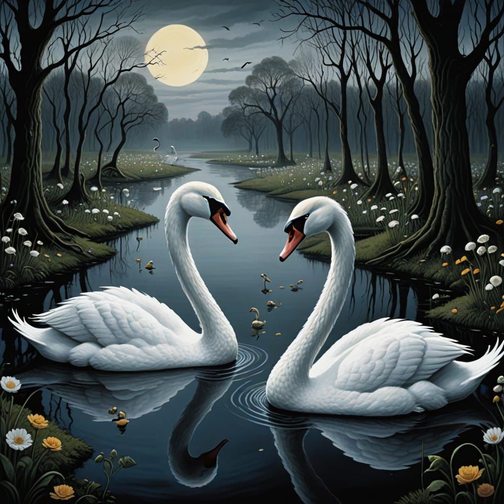 Dark Whimsical Swans in a Haunting Tim Burton Style
