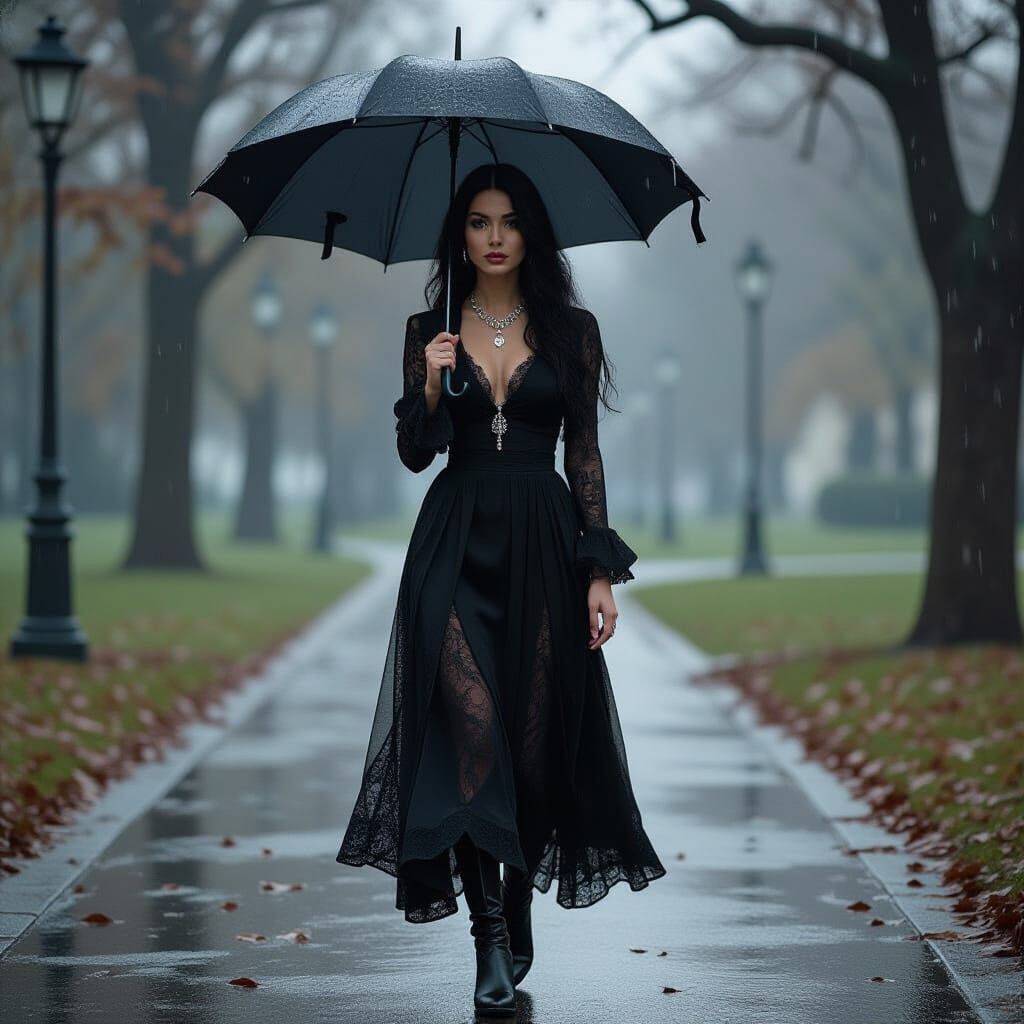Gothic Woman in Rainy Park: Cinematic Photorealism