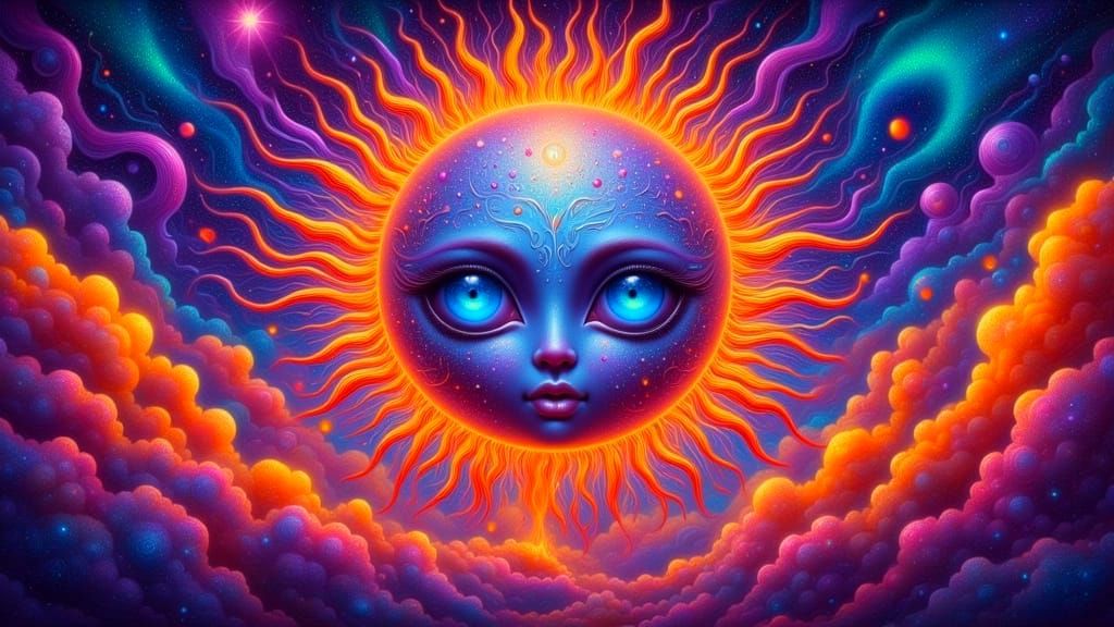 Cosmic Sun with Human Face in Visionary Art Style