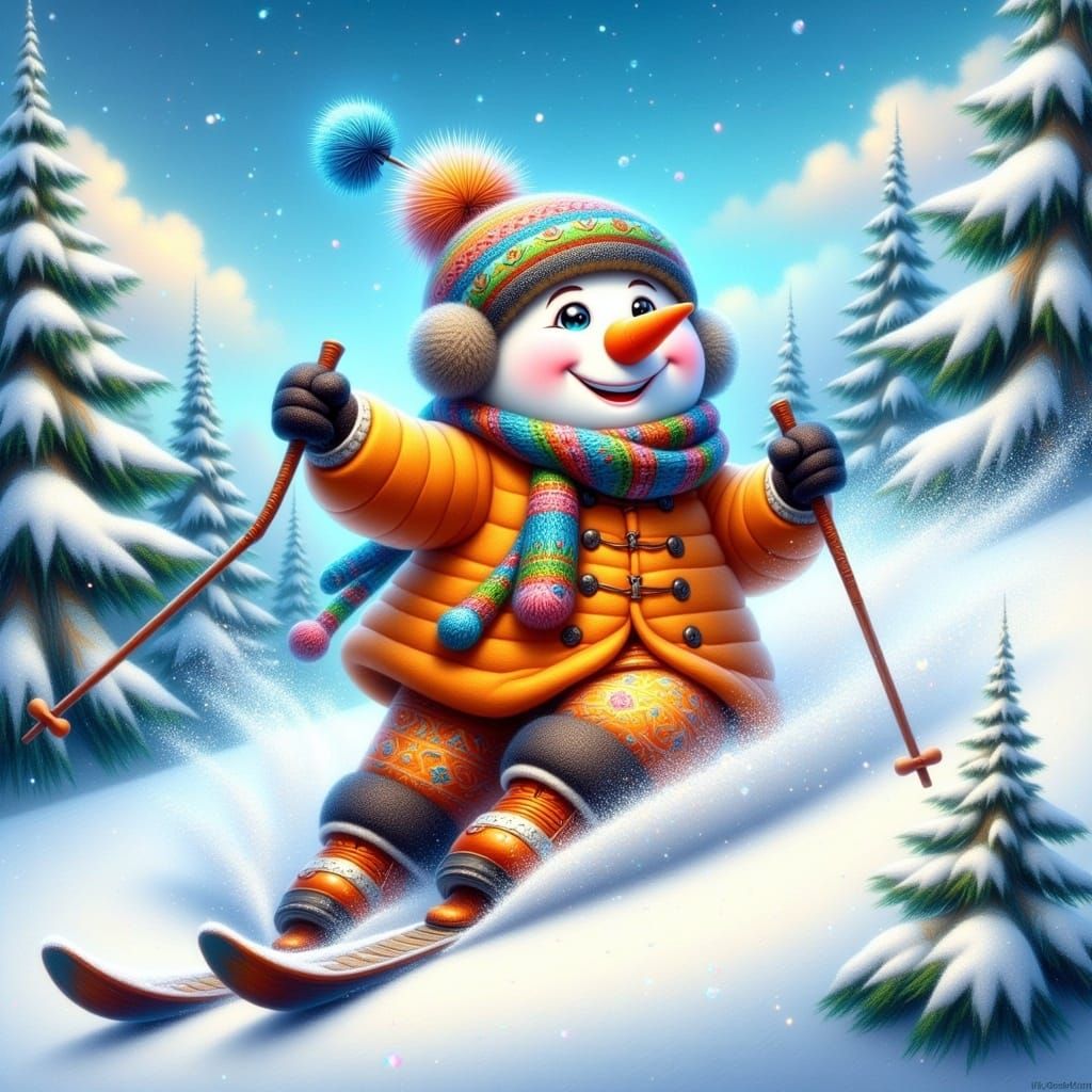 Vibrant Ukrainian Snowman Skis Down a Majestic Winter Wonder...