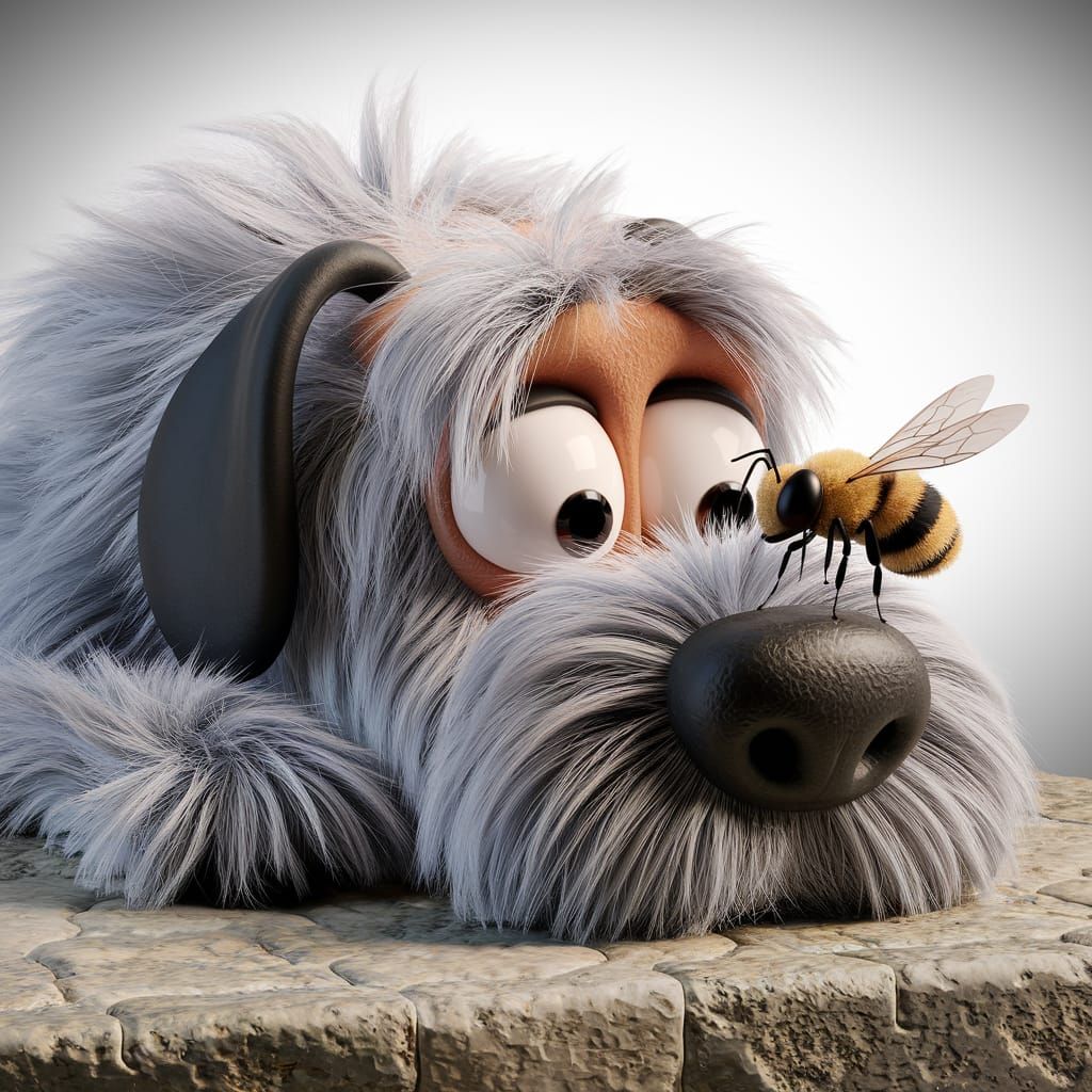 Shaggy Dog Surprised by Whimsical Bee Encounter
