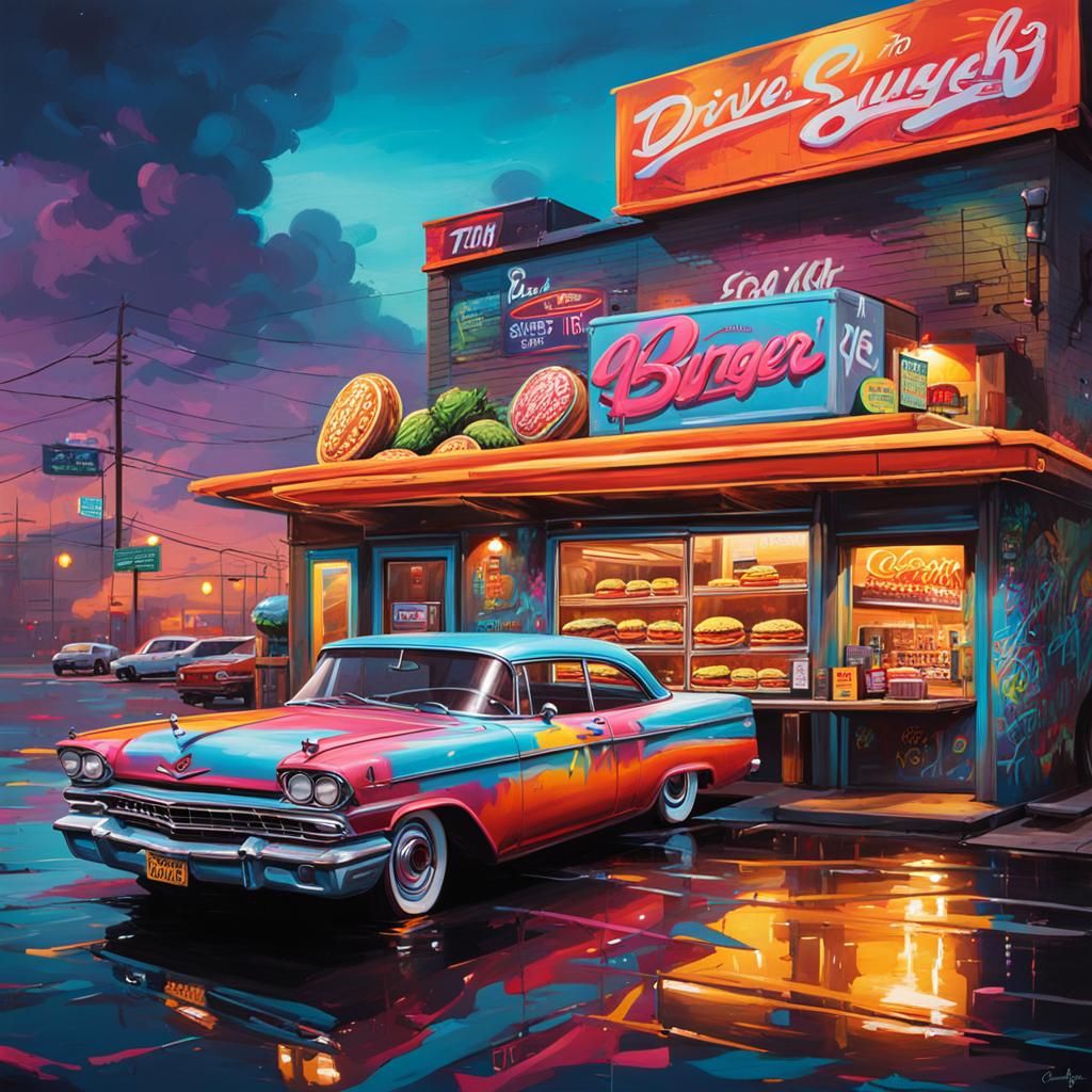 Drive-Thru Burger Shop in Graffiti Splash Art