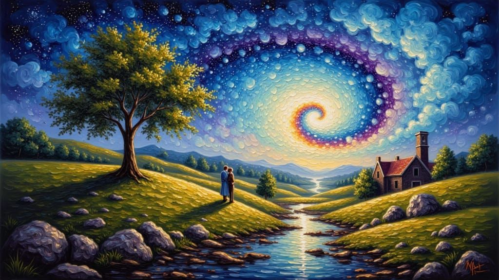 Swirling Galaxy Impasto Painting with Miniature World