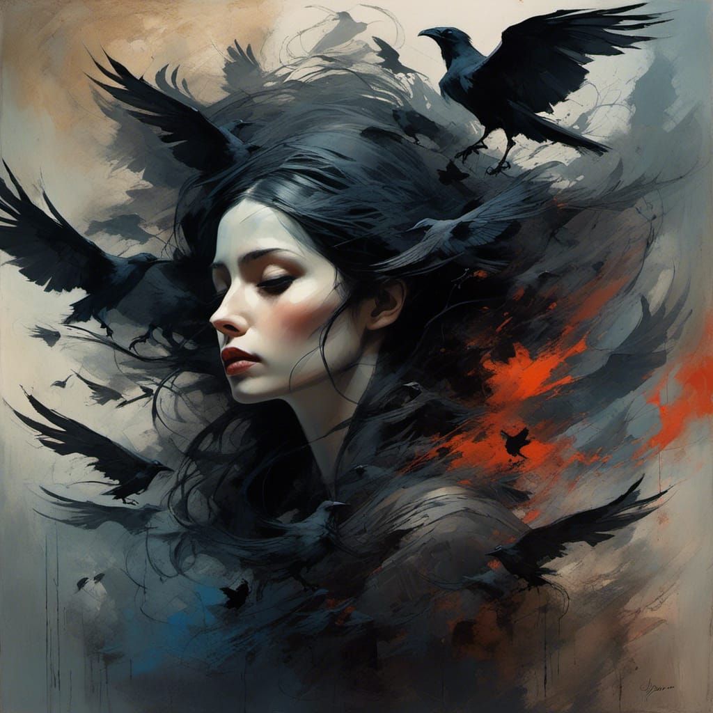 Gothic Art Nouveau Witch Portrait with Ravens