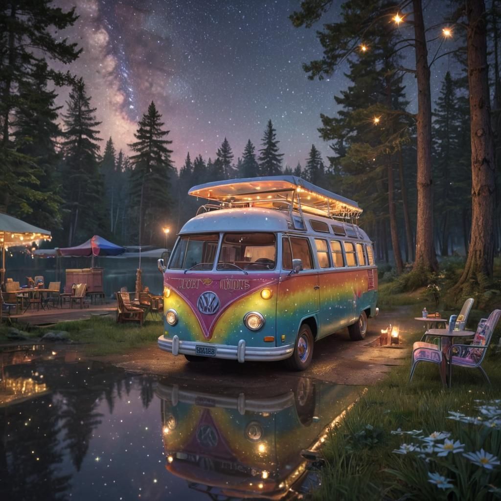 Whimsical Vintage Camper Bus at Diner, Digital Art