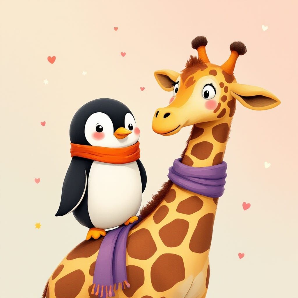 Cute Penguin and Giraffe Friends in Pastel Whimsy
