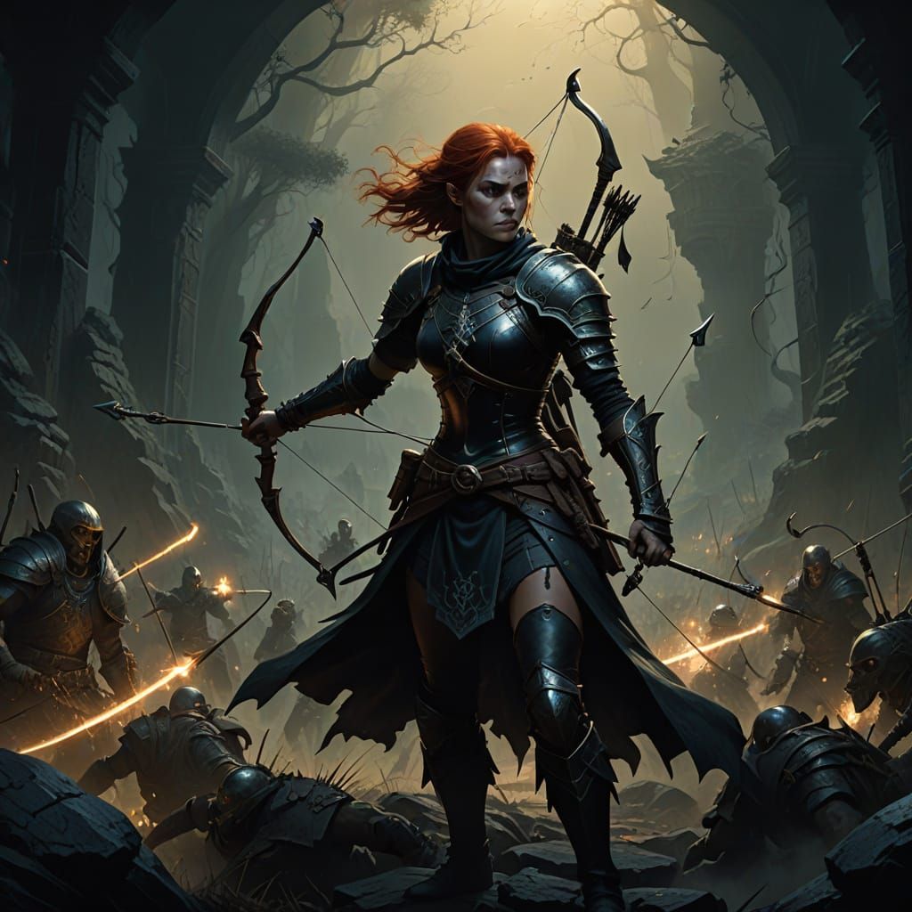 Epic Fantasy Warrior Izorra Draws Back Her Bow in Battle