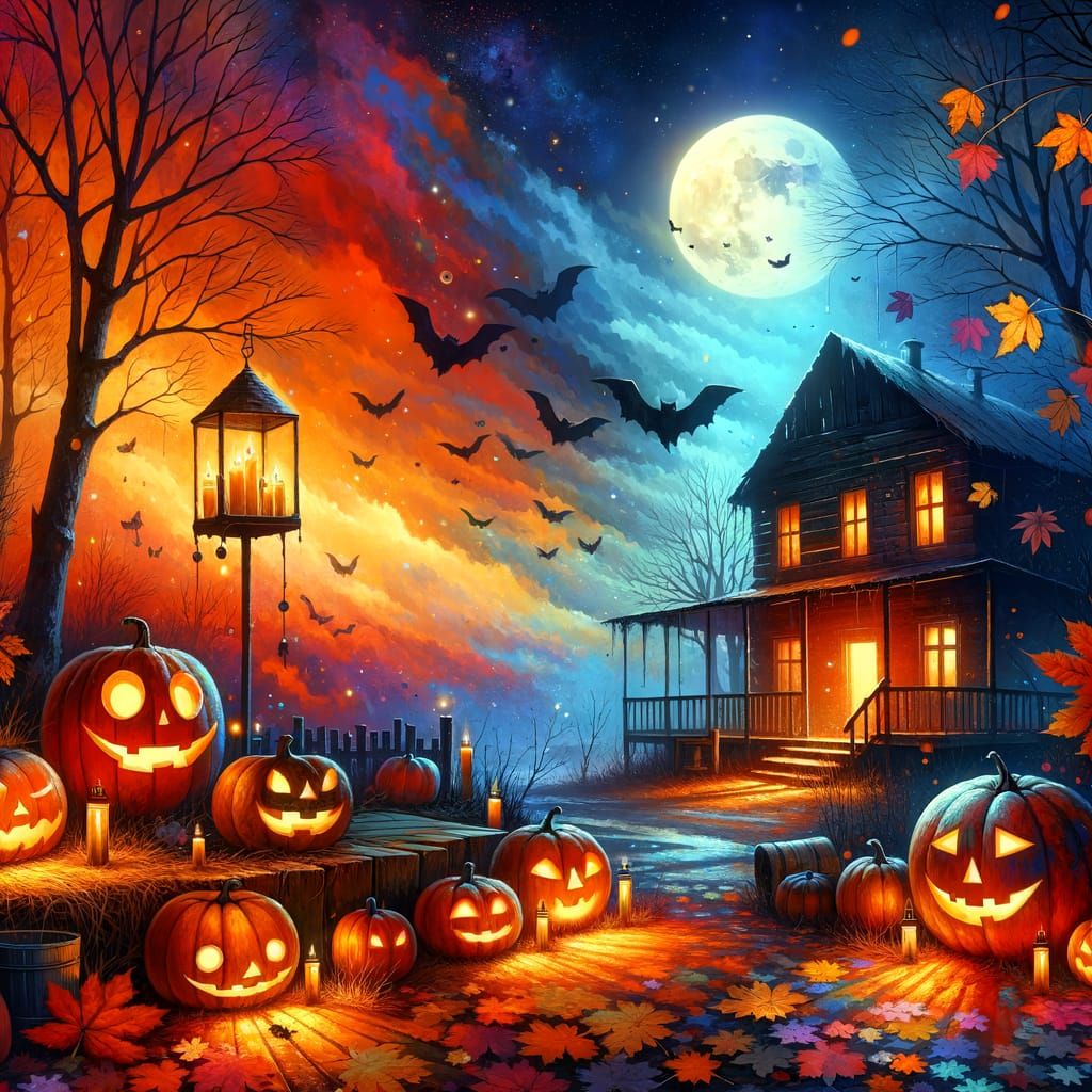Vibrant Halloween Scene with Full Moon and Autumn Leaves