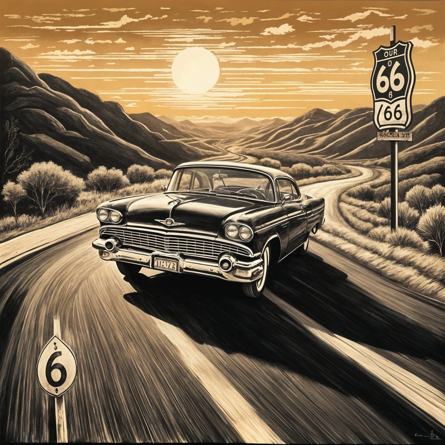 Route 66 Retro Travel Poster in Charcoal