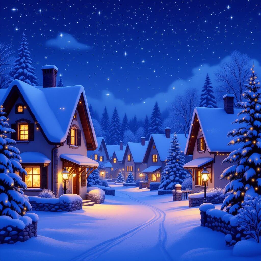 Enchanting Snowy Village at Night in Christmas Spirit