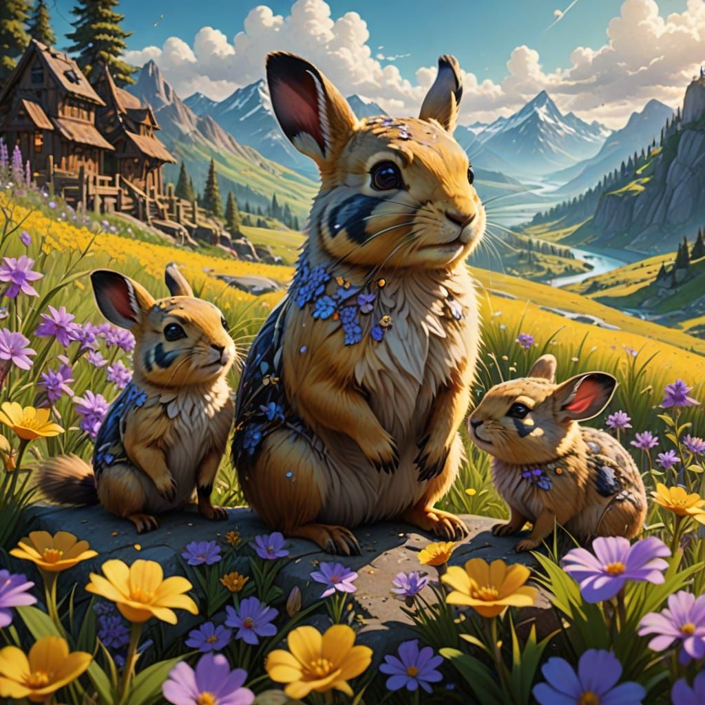 Whimsical Fantasy Pika Family in Vibrant Floral Wonderland
