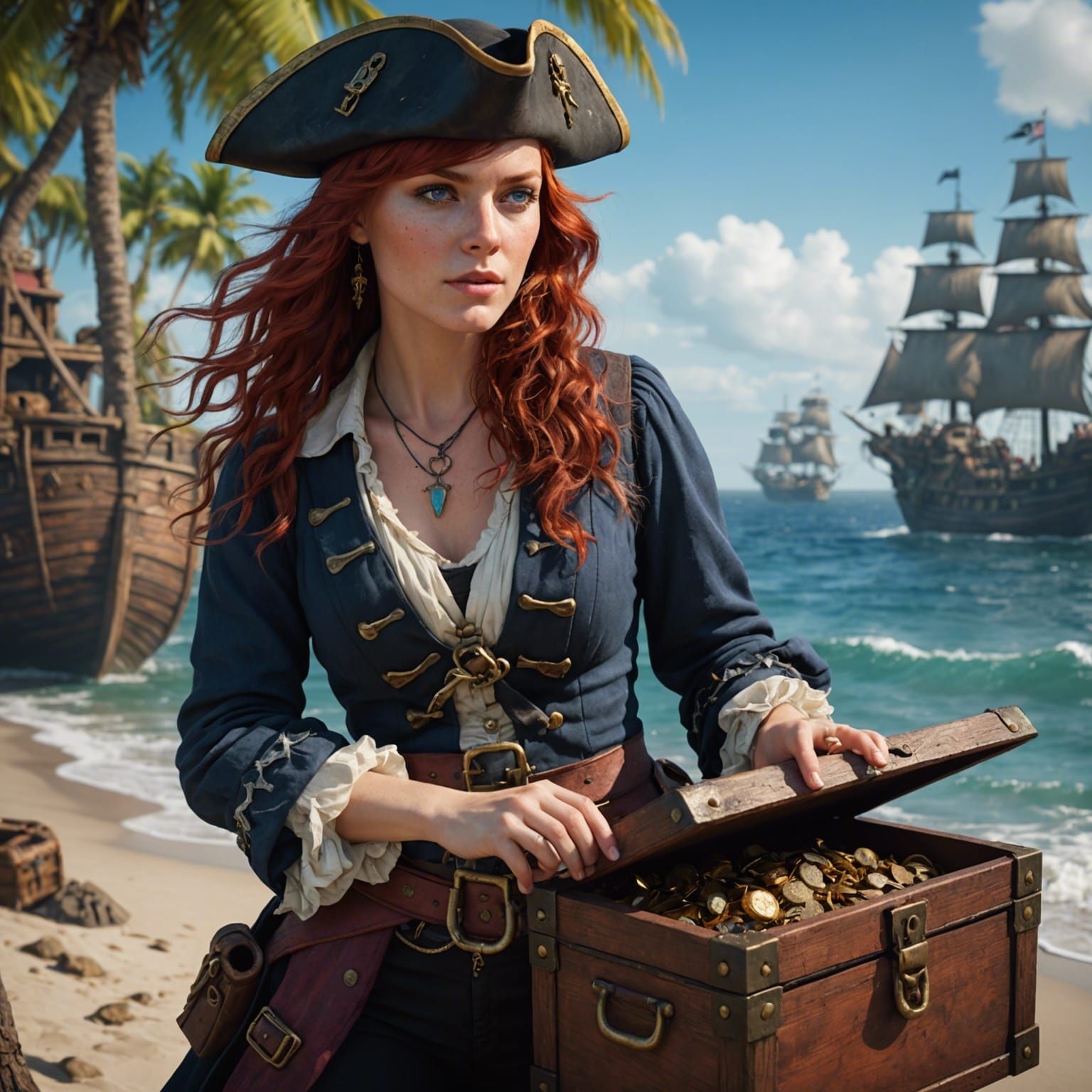 Female Pirate Opens Treasure Chest on Shore