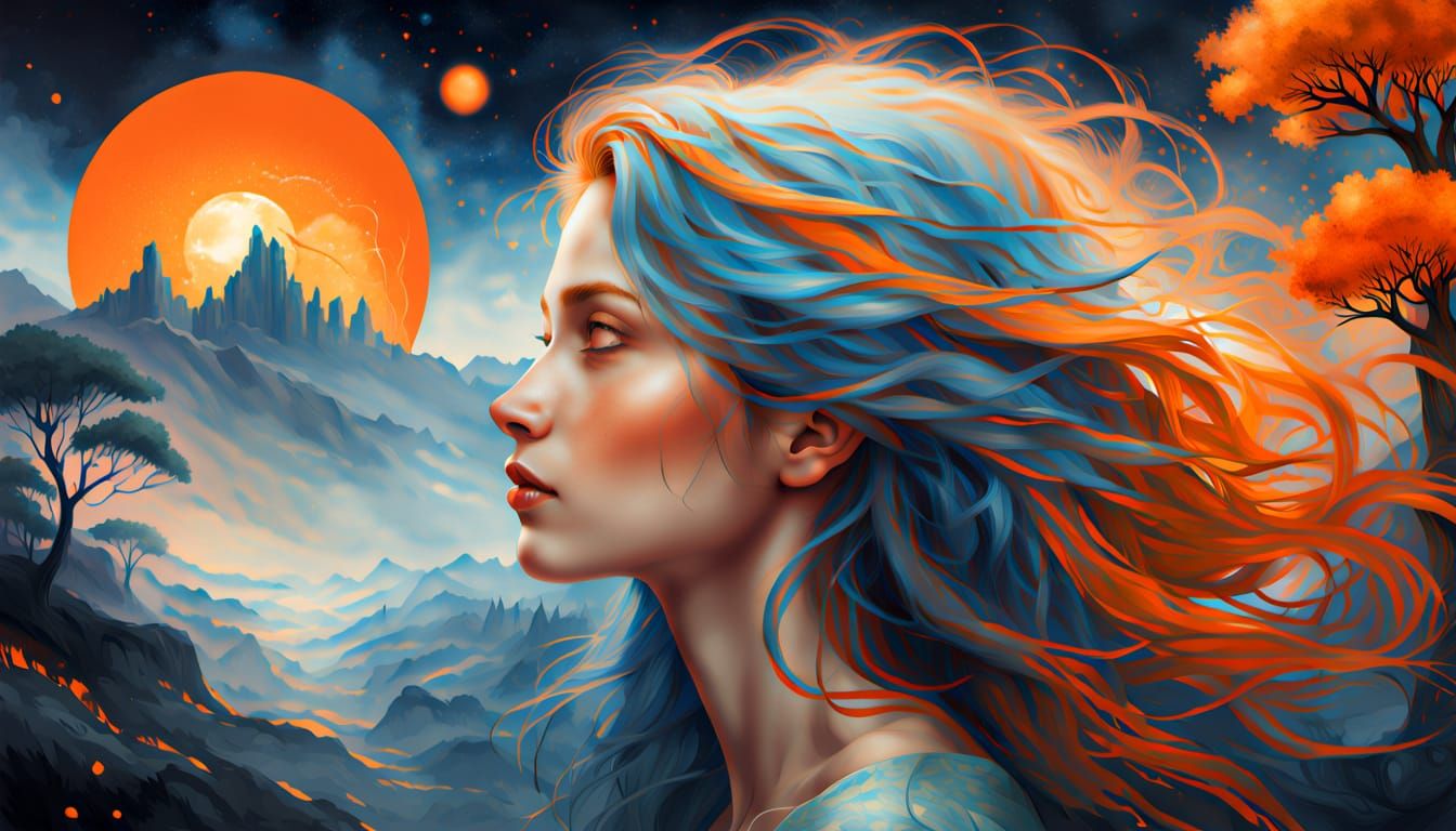 Woman's Profile with Cosmic Hair and Surreal Forest