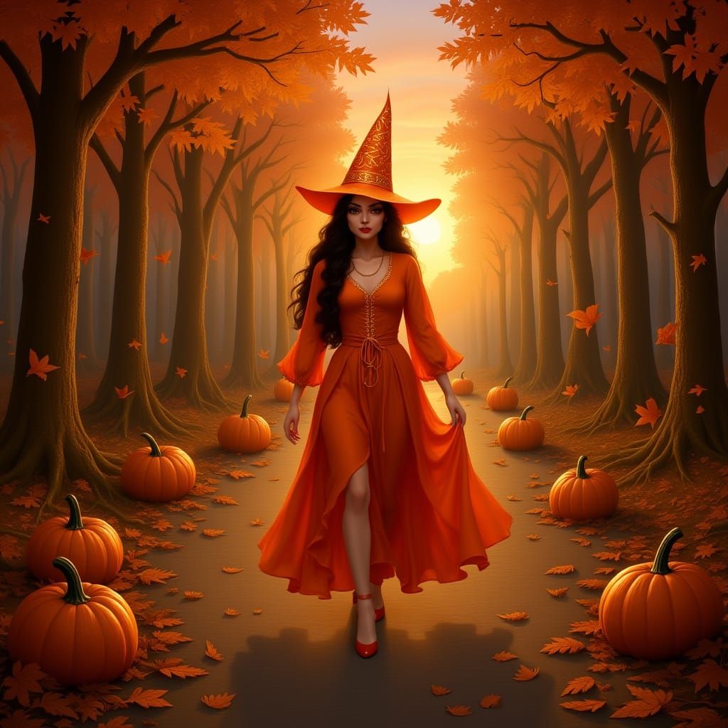 Enchanting Witch on Autumn Path: Mystical Art