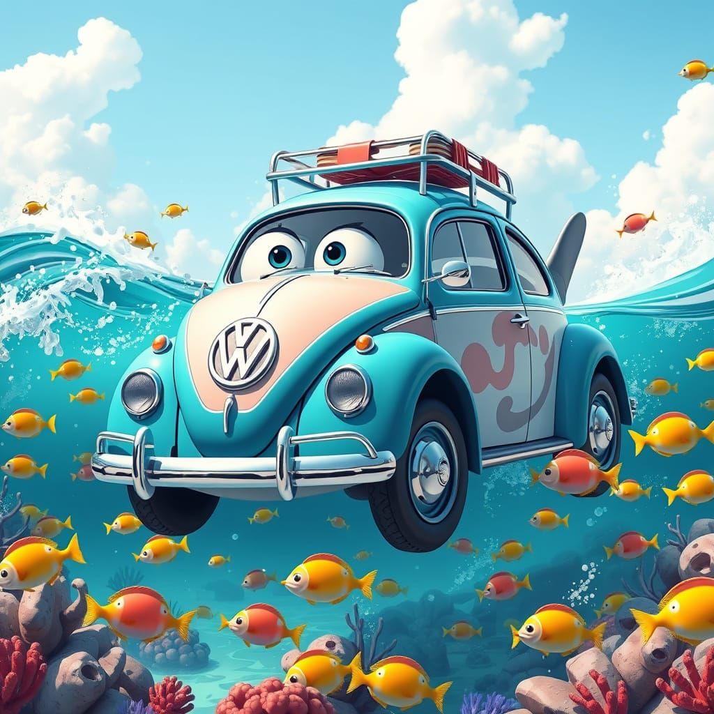 Whimsical VW Beetle-Orca Hybrid Swims Through Vibrant Ocean ...