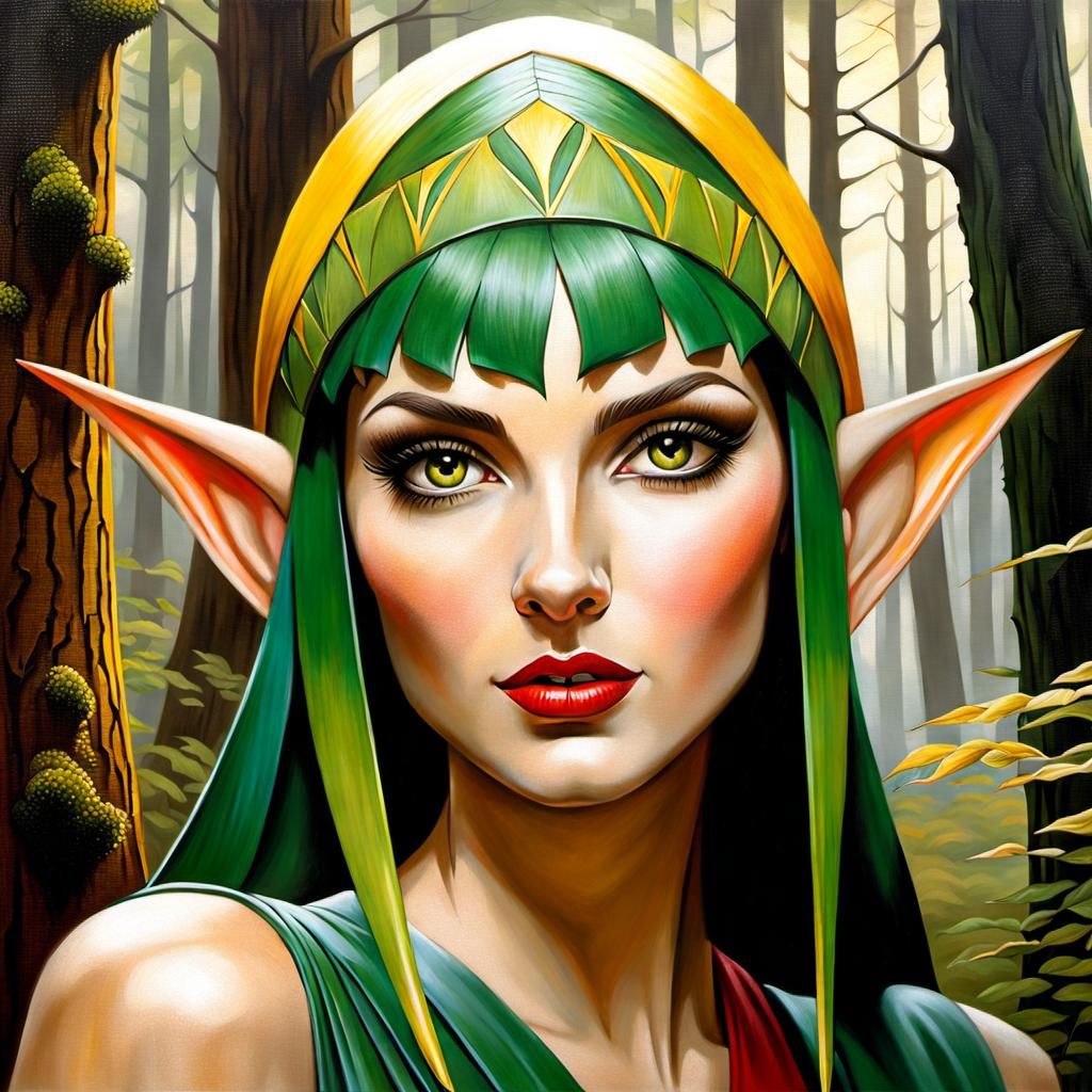 Art Deco Forest Elf Girl Portrait