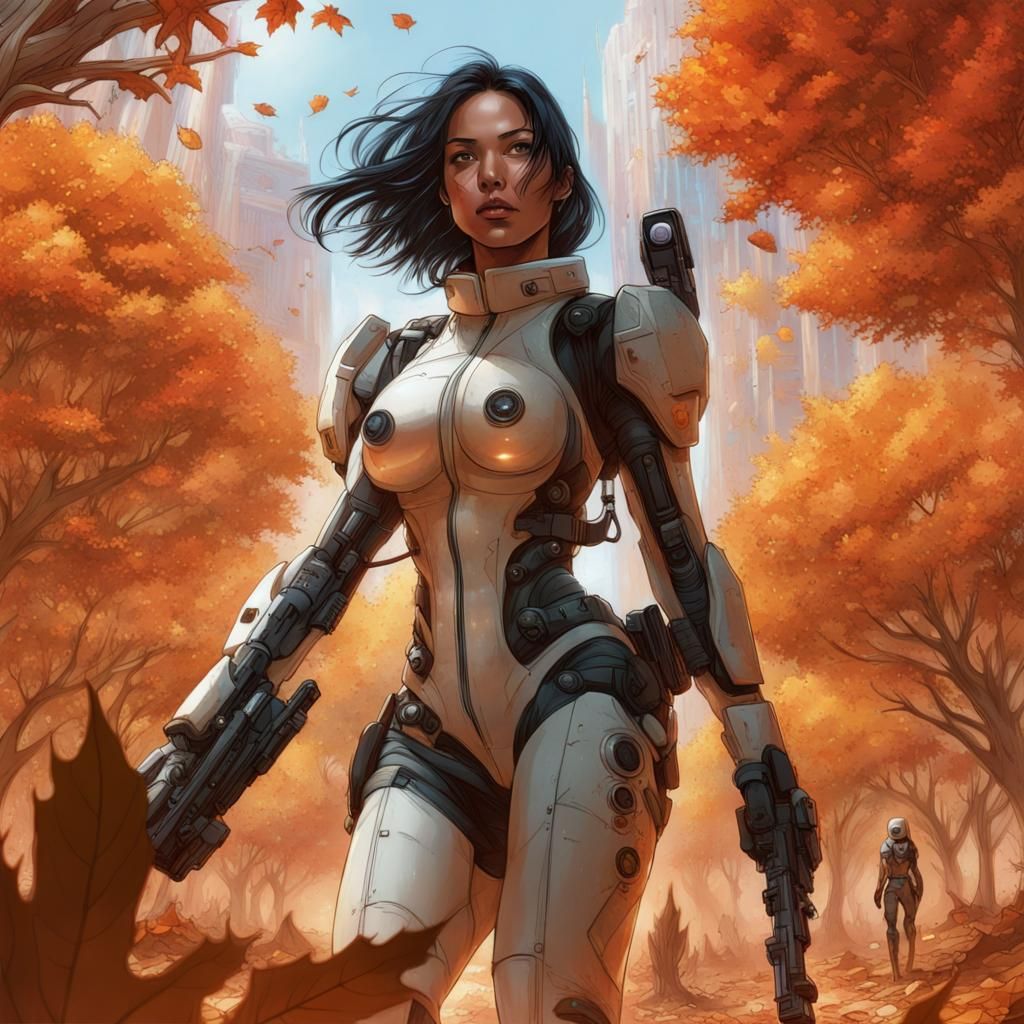 Space Girl Walks on Mars in Autumn Sci-Fi Art