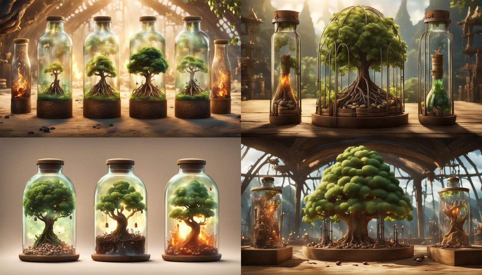 Bottled Worlds: Tree, Gate, Sprout, and Flame